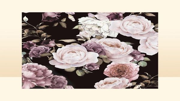 Fond d'écran d'auto-adhésif 3D PO personnalisé peint à la main noir blanc rose pivoine fleur mural mural salon maison papier peint papier peint2136193