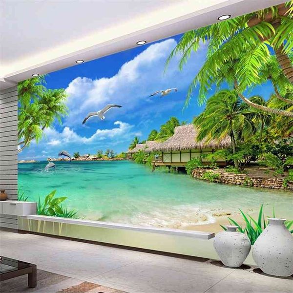 Personnalisé 3D Po Papier Peint Plage Vue Sur La Mer Cocotiers Paysage Peinture Murale Salon Canapé TV Fond Murale Papier Peint 210722