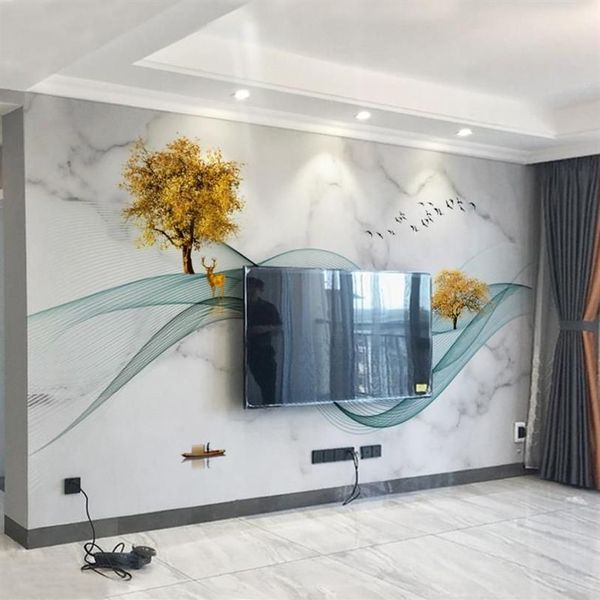 Papel tapiz 3D personalizado estilo europeo árbol ciervo textura de mármol sala de estar TV decoración de fondo pintura de pared Wallpapers313x