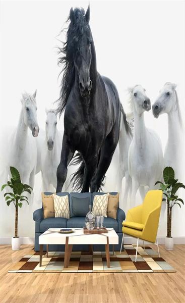 Fond d'écran PO 3D personnalisé moderne noir blanc cheval télévisé papier peint mural mural salon chambre décor 280g6310766