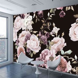 Custom 3D Po Po Fond d'écran Main Main Peint Black White Rose Pétonos Pivoine Fleur Mur Mural Salon Maison Décor peinture Papier mural 210722