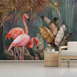 Aangepaste 3d po behang tropische plant bos bananen blad flamingo muurschildering wallpapers woonkamer slaapkamer achtergrond home decor 210722