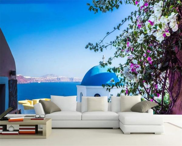 Papier peint paysage marin 3d personnalisé, papier peint Mural 3d, château égéen, fleur de vigne, mur de fond de paysage, Photo 3d
