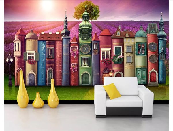 Personalizado Seda 3D Foto Mural Papel tapiz creativo libro casa fondo lavanda manor tv fondo papel de pared para paredes 3d