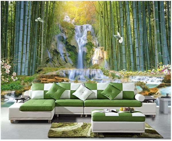 Mural de papel tapiz con foto de seda 3D personalizado, bosque de bambú, cascada, parque acuático, paisaje 3d, dormitorio, sofá, decoración de pared de fondo