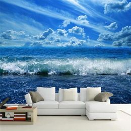 Papier peint Mural 3D personnalisé auto-adhésif, ciel bleu, vague de mer, paysage naturel, salon, chambre à coucher, étanche, 243k