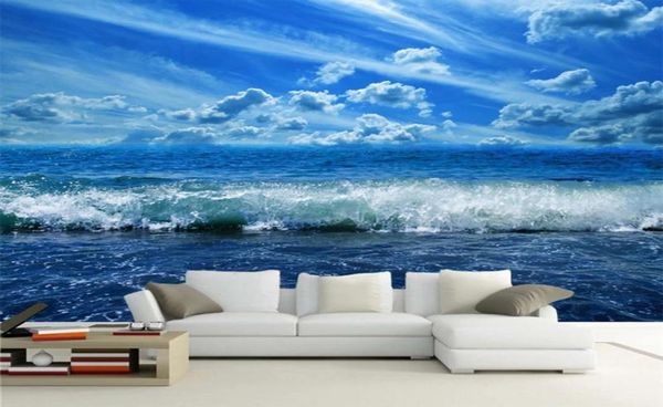 Mural 3D Mural personnalisé Fond d'écran d'adhésif Blue Sky Sea Wave Naturel PO SOIL SOIX CHAMBRE APPLICIPEL