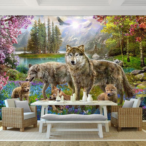 3D encargo de pared papel pintado Bosque Rojo Flor de Durazno lobo gris Animal Niños del papel pintado de la decoración del sitio del cabrito Papel Pintado Enfant