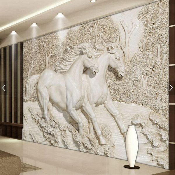 Papier mural 3D personnalisé Embossé White Horse murale pour salon Canapé TV Fond de fond Mur Fond d'écran décoratif
