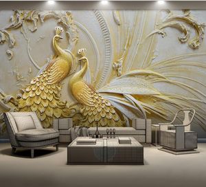 Papier peint 3d personnalisé pour le salon pour les murs du salon Paon doré en relief Papier peint mural 3d-rouleau-taille