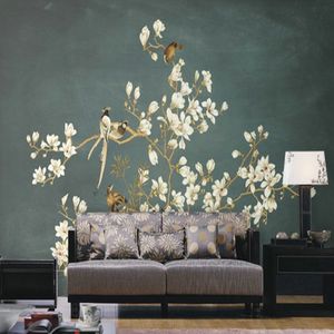 Aangepaste 3d behang 3d chinese handgeschilderde bloemen vogel patroon muurschildering tv sofa achtergrond muur woonkamer slaapkamer behang