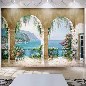 Fond d'écran personnalisé 3D huile de style européen Peinture Paysage marin Balcon Photo Murales Salon Chambre fond décorations Frescoes