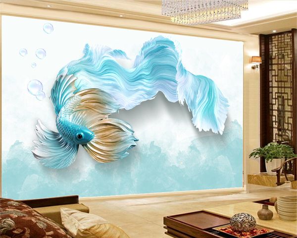 Papier peint 3d personnalisé pour salon Papier peint intérieur élégant de poisson rouge bleu élégant