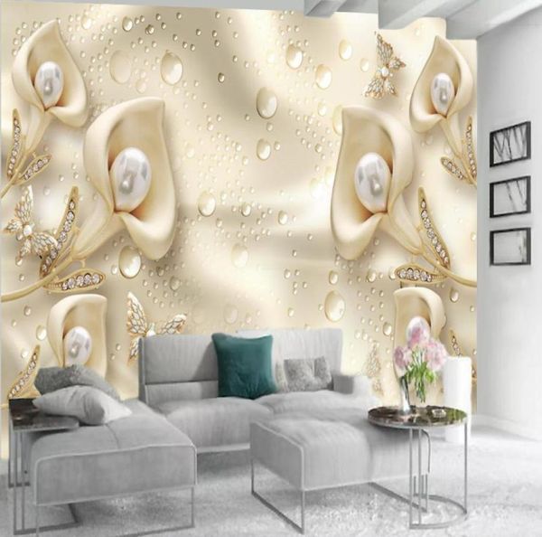 Fond d'écran 3D Bijoux de fleur de luxe Calla Lily Butterfly Salon chambre TV Fond de pares murales Autocollant Couvas CU7148691