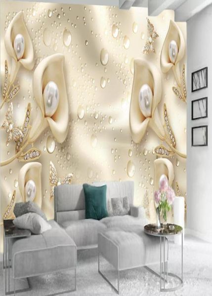 Fond d'écran 3D Bijoux de fleurs de luxe Calla Lily Butterfly Salon chambre TV Fond de pares murales Autocollant Couvas CU5214173