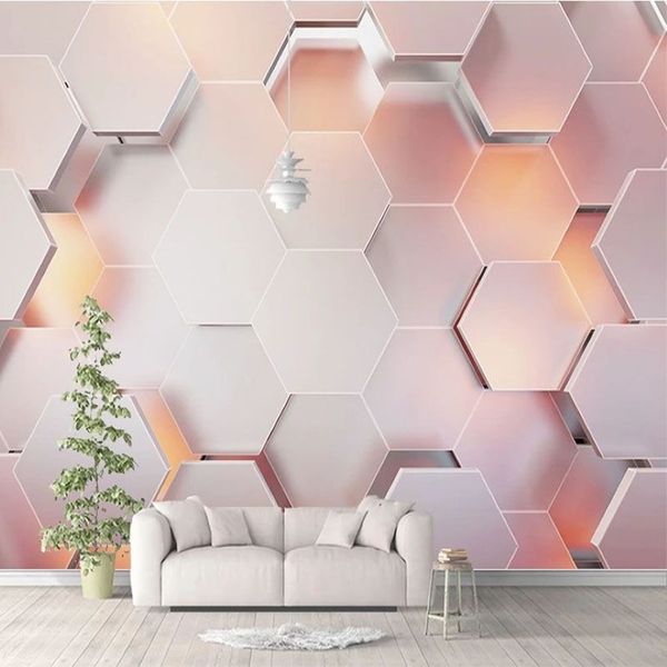 Papier peint 3D personnalisé moderne simple rose pentagone géométrique papier peint salon chambre art abstrait peintures murales Papel De Parede 3 D238n