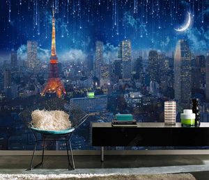 Fond d'écran 3D Murale Eiffel Tower Night Sky Ville TV Fond Decoration murale peinture de salon chambre à coucher