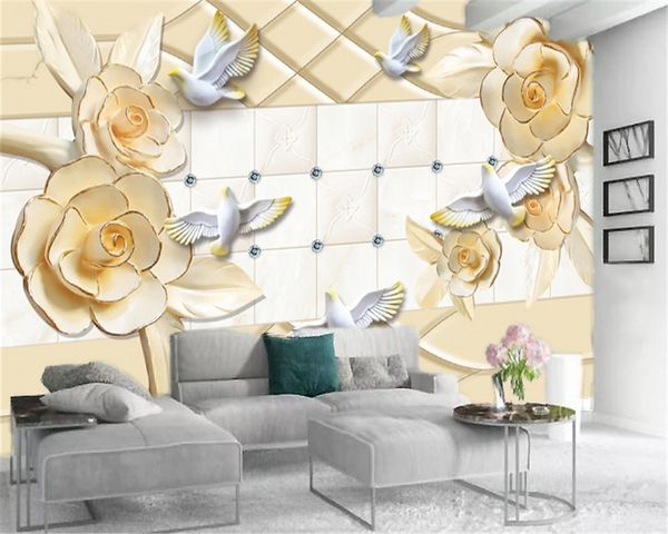 Papier peint Mural 3D personnalisé, dessin en relief stéréo HD de fleurs et d'oiseaux dorés, impression numérique HD, papier peint résistant à l'humidité
