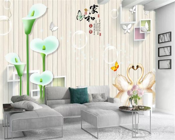 Papier peint Mural 3D personnalisé, maison et lys Calla vert dans le magnifique lac des cygnes, salon, chambre à coucher, fond de télévision