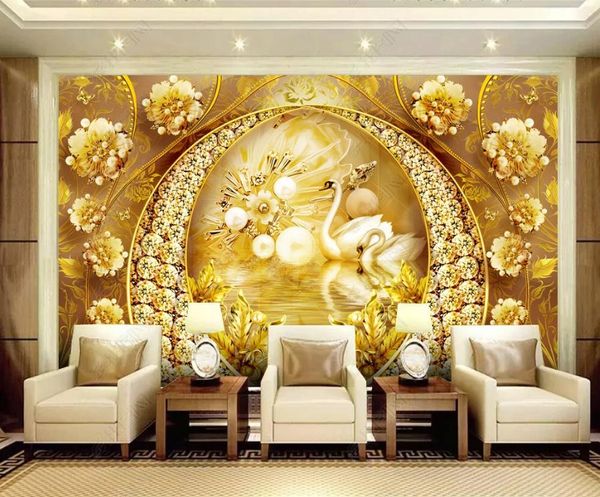 Fond d'écran 3D Murale Murale Chambre Swan Lake Bijoux de bijoux Fleur Fleur de fond High-Fond Stickers Wall Stickers Decoration