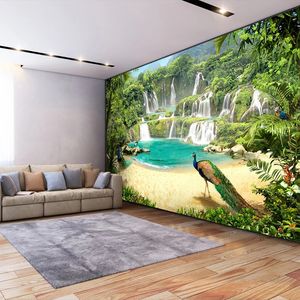 Personalizado 3D Wallpaper Murales Cascada Peacock Lago Paisaje Efecto Sala de estar Sofá TV Fondo de pared Impermeable