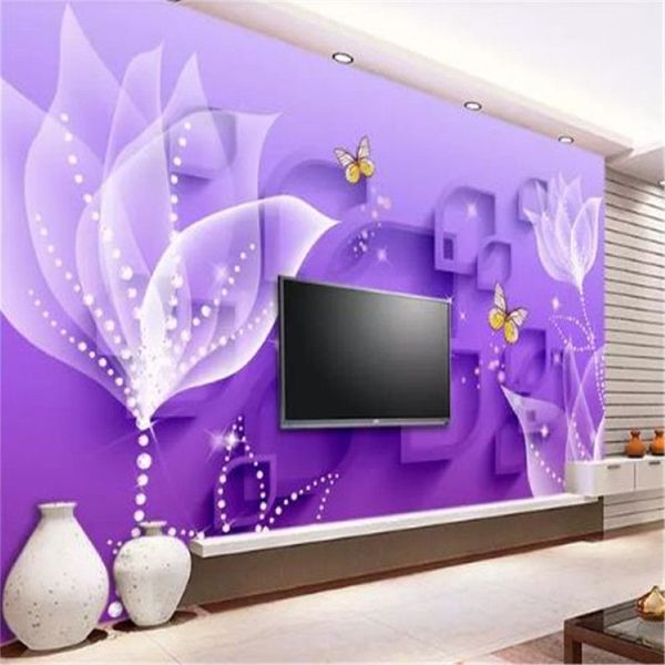 Papel pintado 3d personalizado lirio púrpura flores transparentes moda sala de estar dormitorio Fondo pared decoración del hogar Mural Wallpapers226L