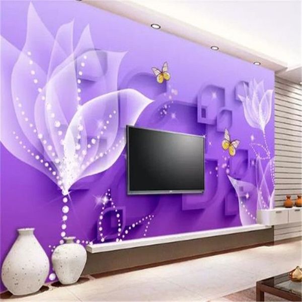 Papel de pantalla 3D personalizado Purple Lily Transparent Flores Fashion Stiving Bonding Fondo de la pared Decoración del hogar Mural Fondos258r