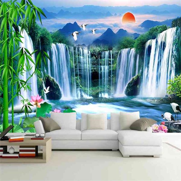 Papel tapiz 3D personalizado Cascada Bambú Lotus Naturaleza Paisaje Mural Sala de estar Sala de estudio Dormitorio Fondo Po Pintura de pared 210722