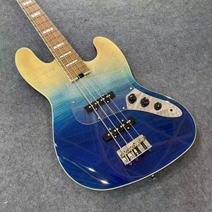 Guitare basse électrique 4 cordes personnalisée Corps supérieur en érable flammé coloré Miroir transparent Pickguard Manche en érable rôti WK Micros à simple bobinage