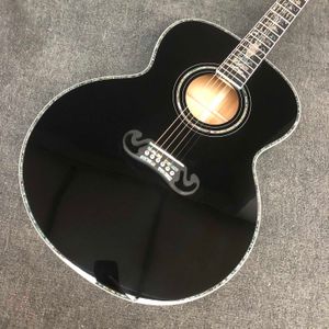 Custom 43 Inch Jumbo Acoustic Guitar J200BL Abalone Binding Vintage Tuner noir brillant