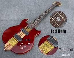 Guitare basse électrique rouge 5 cordes personnalisée avec lumière LED 24 frettes cou à travers la queue d'or du corps