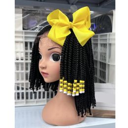 Queues de cheval élastiques personnalisées pour enfants, tresses sengel twist de 8 pouces avec perles colorées au crochet avec nœud papillon, vente en gros