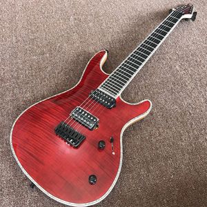 Guitare électrique personnalisée à 7 cordes, dessus en érable rouge, corps une pièce, matériel noir