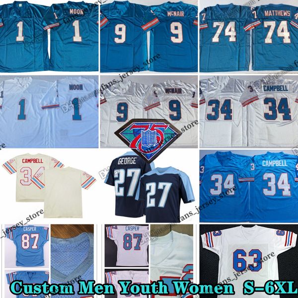 Custom 75th Throwback 34 Earl Campbell 1976 Jerseys de football 1 Warren Moon 9 Steve McNair 74 Bruce Matthews 27 Eddie George 63 Mike Munchak 87 Dave Casper 10 Vince Young