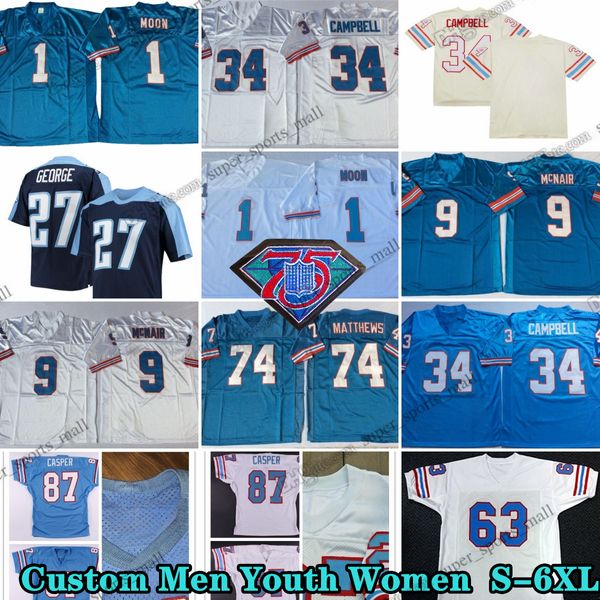 Custom S-6XL 75th Throwback 34 Earl Campbell 1978 Jerseys de football 1 Warren Moon 9 Steve McNair 74 Bruce Matthews 27 Eddie George 63 Mike Munchak 87 Dave Casper 10 Young