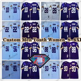 Aangepaste 75e vintage 53 Mick Tingelhoff 1968 voetbalshirts 10 Fran Tarkenton 64 Randall McDaniel 73 Ron Yary 88 Alan Pagina 84 Randy Moss 70 Jim Marshall 55 Studwell