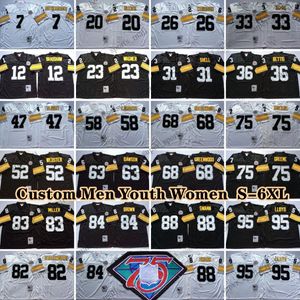 Personnalisé 75e Vintage 75 Joe Greene 1969 Maillots de football 47 Mel Blount 58 Jack Lambert 43 Troy Polamalu 32 Franco Harris 7 Ben Roethlisberger 84 Antonio Brown Jack Ham