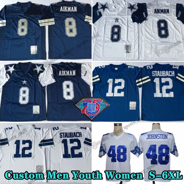 Custom 75th Vintage 8 Troy Aikman 1985 Jerseys de fútbol 21 Deion Sanders 12 Roger Staubach 22 Emmitt Smith 33 Tony Dorsett 88 Michael Irvin 94 Charles Haley White