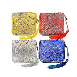 Personnalisé 8.5x8.5 cm d'épaisseur Mini sacs-cadeaux à fermeture éclair pour l'emballage de bijoux brocart de soie chinois pochette à fermeture éclair complète Bracelet sac de rangement faveurs de fête 100 pcs/lot