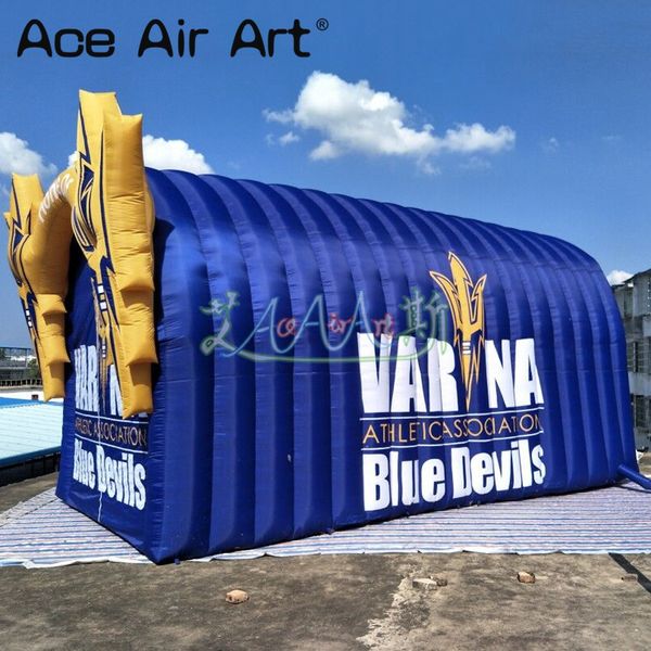 Tienda de garaje inflable azul personalizada de 8x4 m, tienda de túnel de entrada deportiva con soplado por aire para fútbol, cabina de entrada con tema deportivo para eventos deportivos al aire libre