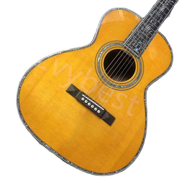 Guitarra eléctrica acústica personalizada AAAAA, totalmente de madera maciza, cuello de madera de caoba de 39 pulgadas, diapasón de ébano, abulón Real estilo OO
