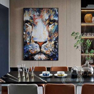 Custom Abstract Tiger Lion Head Wall Art Canvas Poster Pintura al óleo hecha a mano Sala de estar Restaurante Porche Hotel Mural decorativo L230620