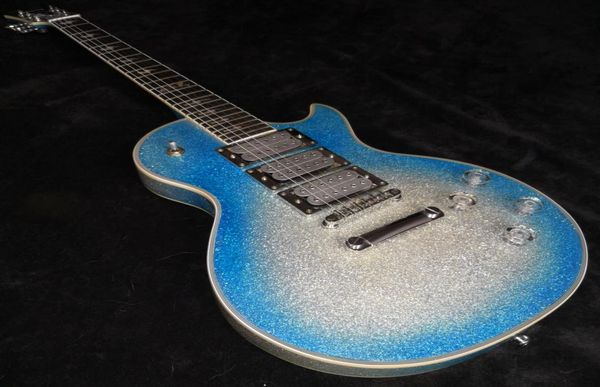 Custom Ace Frehley Signature Big Sparkle Metallic Blue Burst Silver Guitare électrique Lightning Bolt Inlay 3 Pickups Mirror Back C4274170