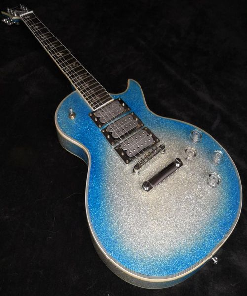 Ace personnalisée Frehley Signature Big Sparkle Metallic Blue Burst Silver Guitar Guitar Lightning Bolt Incrust 3 micros miroir C3016895