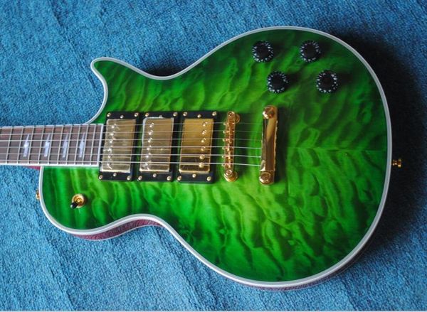 Custom Ace Frehley Signature Green Quilted Maple Top Guitarra eléctrica 3 pastillas Humbucker Incrustación de perno de aligeramiento Grover Tuner Gol3958383