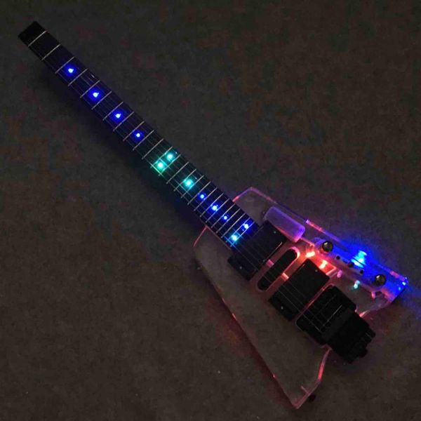 Guitare électrique sans tête acrylique personnalisée avec lumières LED
