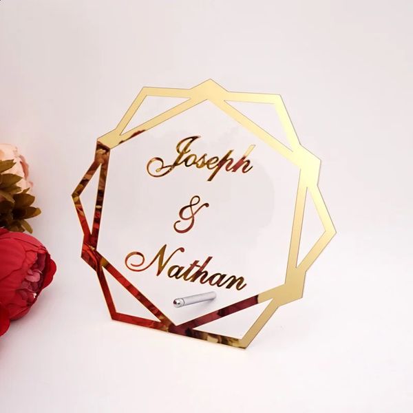 Cadre de miroir en acrylique personnalisé, nom de Couple de mariage, signe de mot de fête prénatale, décor de fête en forme d'hexagone avec clou debout 240127