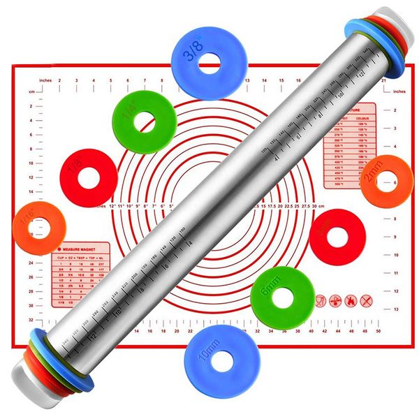 Rodillo de masa de acero inoxidable ajustable personalizado, rodillo antiadherente con anillos de espesor y juego de alfombrillas para hornear de silicona