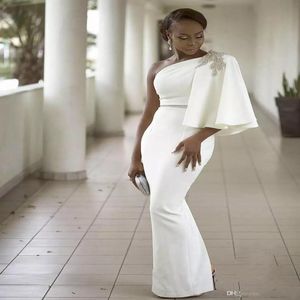 Custom African One Shoulder Crystal Prom Dresses met mouwen Corset Satin Beaded Sash Plus Size Goedkoop Formele Avondjurken 2019