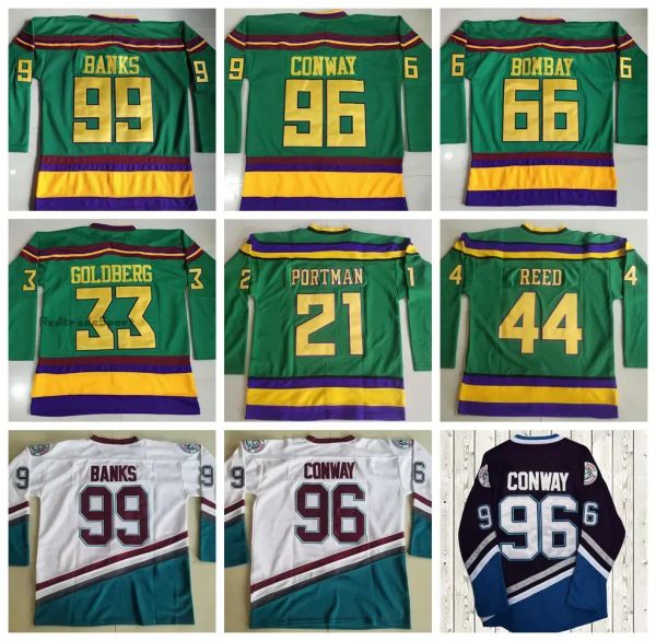 Maillots personnalisés Anaheim''Ducks'' 96 Charlie Conway 99 Adam Banks 66 Gordon Bombay 44 Fulton Reed 33 Goldberg 21 Dean Portman cousu Jer